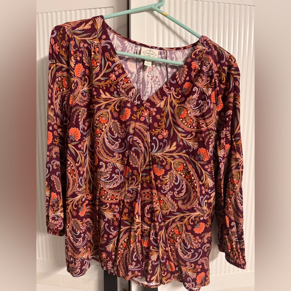 St. John's Bay Burgundy V-Neck Paisley Tunic with Orange Accents